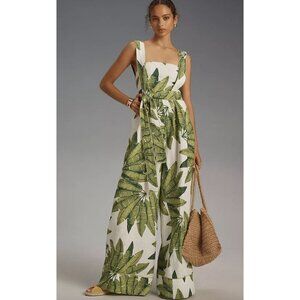 Farm Rio Palm Fan Off White Jumpsuit Size XS in Linen